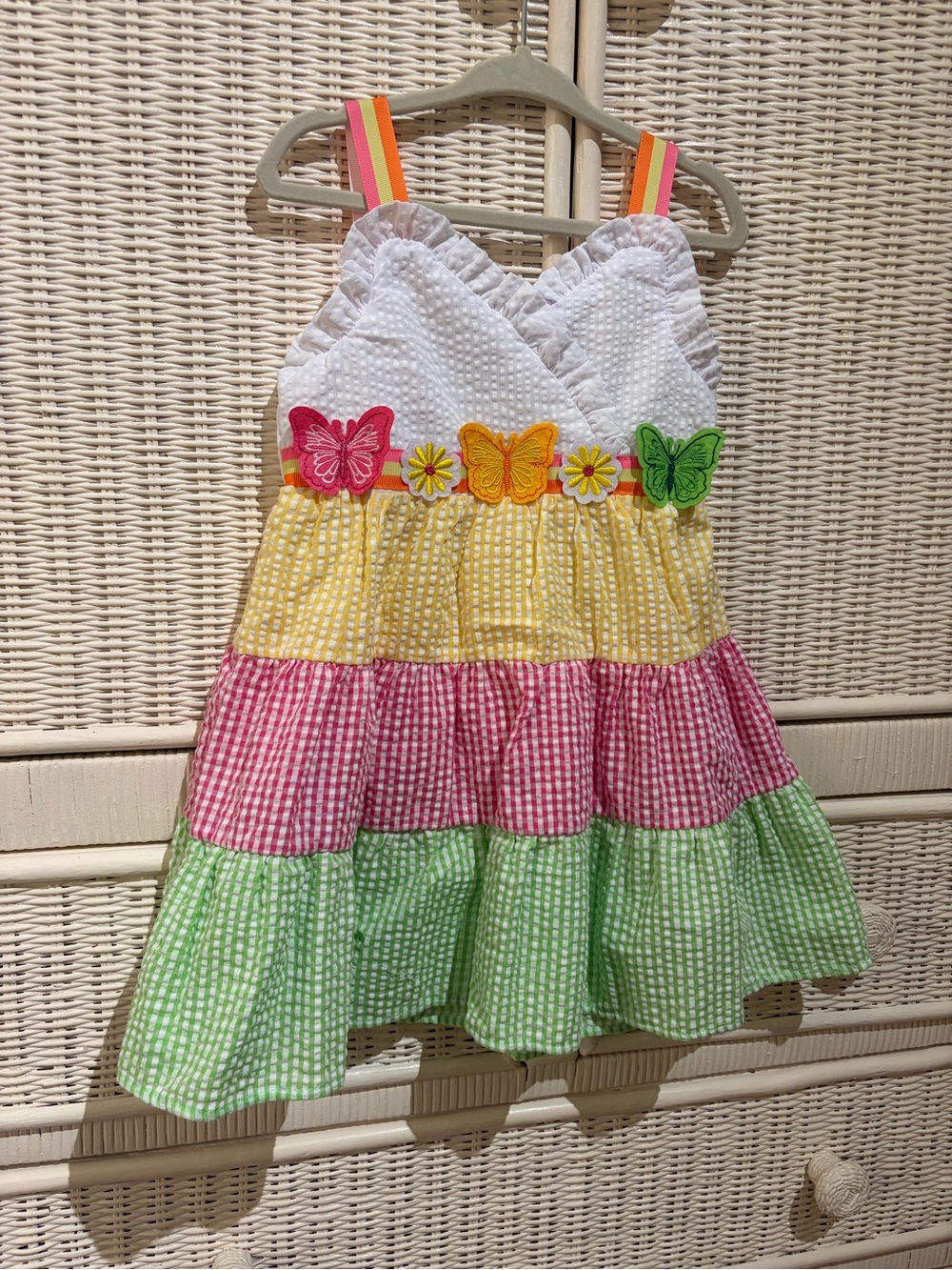 Toddler Girls Summer White, Yellow, Pink & Green Butterfly Gingham Sundress 3T